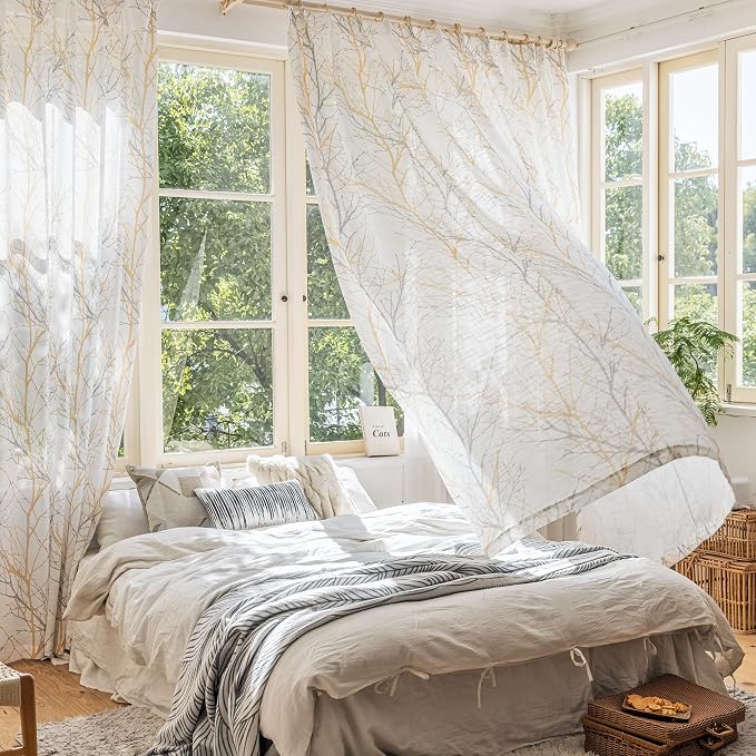 FMFUNCTEX Linen Yellow White Semi Sheer Print Curtains 84 Inch 2 Panels | Tree - Image 6
