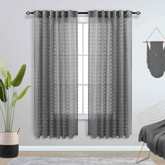 KOUFALL Dark Grey Curtains for Bedroom Living Room, Pom Pom Textured Sheer - Image 2