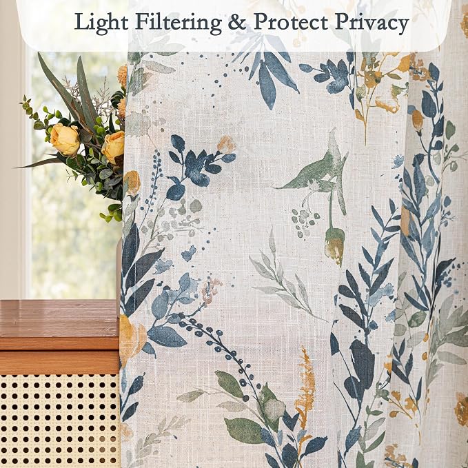 MYSKY HOME Floral Linen Curtains 72 inch Length 2 Panels Set - Image 3