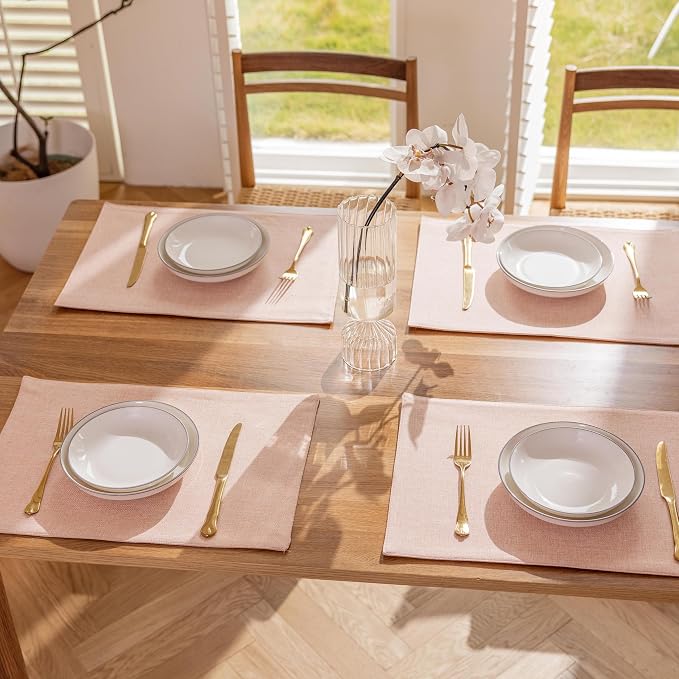 Demetex Pink Placemats Set of 8 Heat Resistant Cloth Place Mats Rectangle Linen - Image 6