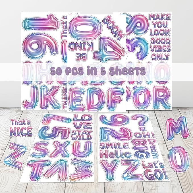 50 Pcs Balloon Letter Stickers Cute Alphabet Vinyl Decal Custom Phrase Sticker - Image 2
