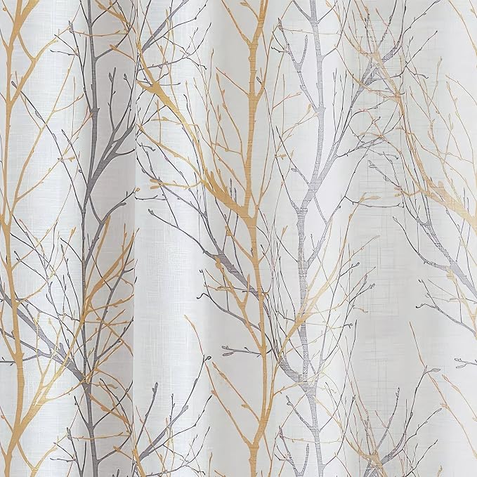 FMFUNCTEX Linen Yellow White Semi Sheer Print Curtains 84 Inch 2 Panels | Tree - Image 8