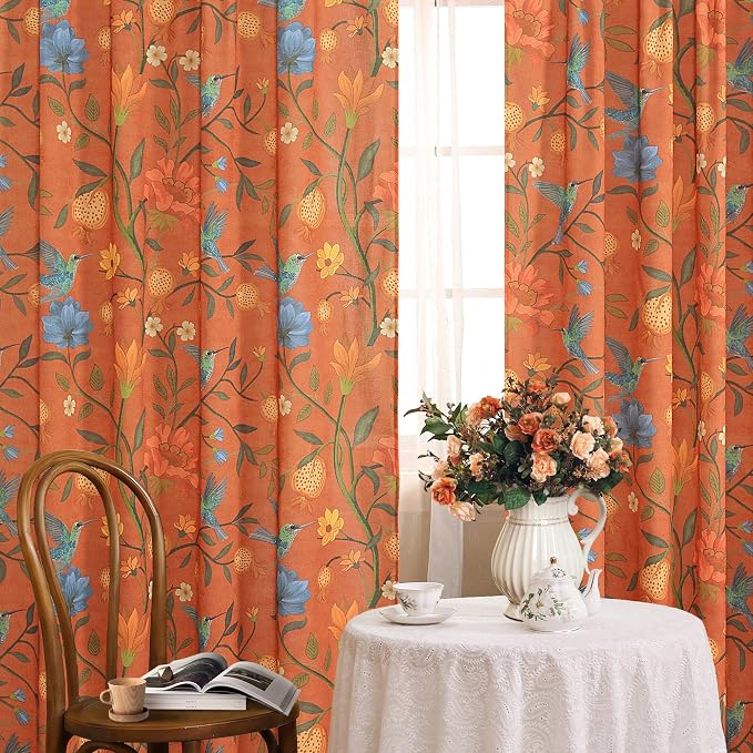 Terracotta Floral Linen Curtains, Boho Whimsical Bird Print Curtains - Image 2