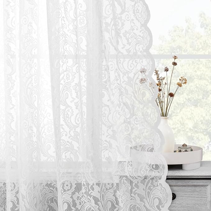 Bujasso White Lace Pinch Pleat Curtains 102 inch, Vintage Floral Sheer Drapes - Image 2
