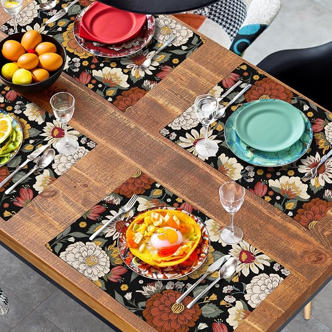 Black Boho Floral Placemats Set of 4 Spring Summer Vintage Flowers Botanical - Image 7