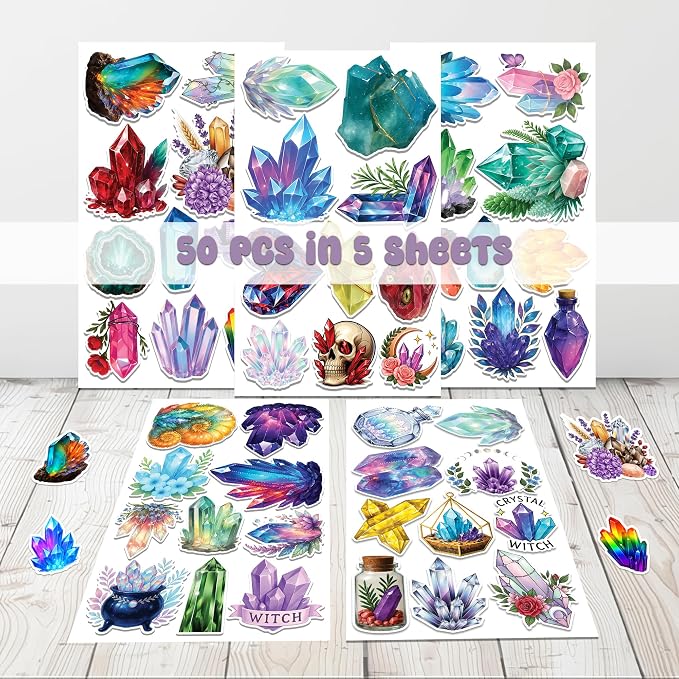 50 Pcs Crystal Stickers Spiritual Crystals Vinyl Decal Waterproof Boho Gemstone - Image 2