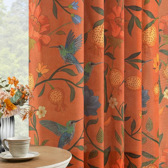 Orange Floral Linen Curtains, Boho Whimsical Bird Print Curtains - Image 2