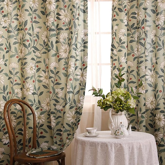 Designer French Green Linen Printed Curtain, 2 Panels, Floral Pattern Home - Image 2
