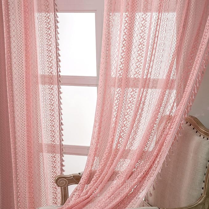 WAZZIO Boho Lace Curtains 84 Inches 2 Panel, Light Filtering Privacy Tassel & - Image 4