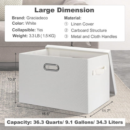 Large 17" 36 Quart Collapsible Stackable Storage Bins with Lids, 5 Packs White Linen Fabric Closet Boxes with Lids, Storage Cube Baskets Container Organizers for Bedroom Office(17 x12 x11)