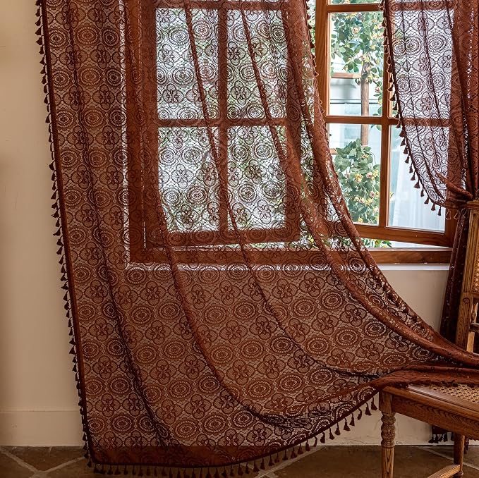 YJ YANJUN Boho Lace Curtains, 59x96 inch, Camrel Brown Sheer Window Panels | - Image 4