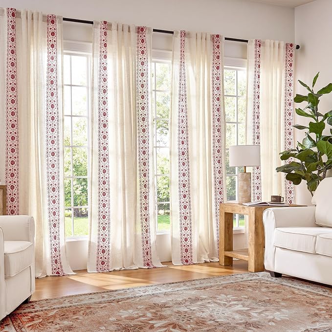 jinchan Floral Linen Curtains Embroidered Back Tab 50x96in 2 Panels Red | Light - Image 2