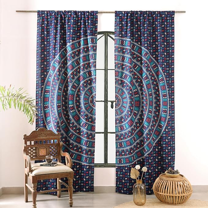 Popular Handicrafts Blue Hippie Mandala Art of Camel Curtains 100 Inch Length by PopularHandicrafts