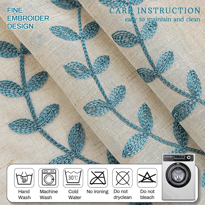 2 Panels Linen Leaf String Floral Embroidered Semi Sheer Curtain Farmhouse - Image 6