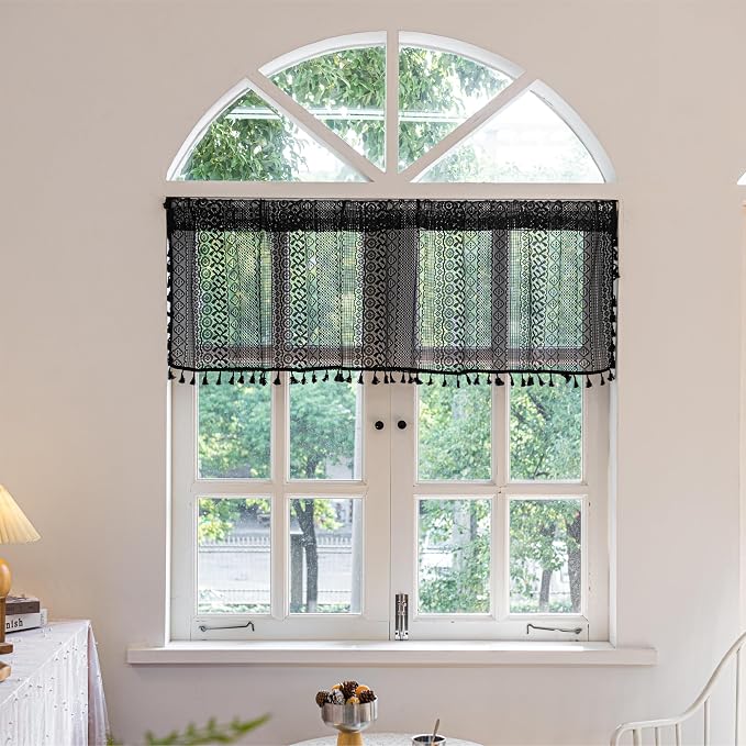 Sutuo Home Black Boho Valance Curtains Crochet Lace Sheer Bohemian Hollow by SutuoHome
