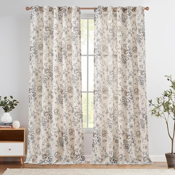 jinchan Black Floral Linen Curtains 96 Inch Vintage Back Tab 2 Panels | Light by JINCHAN