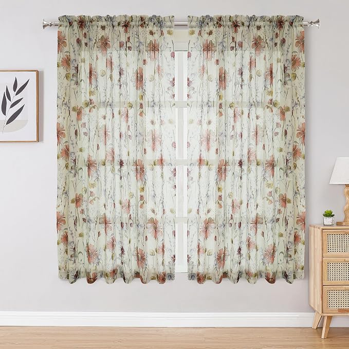 Crushed Sheer Curtains 63 Inches Length 2 Panels Set, Sheer Floral Curtians - Image 2