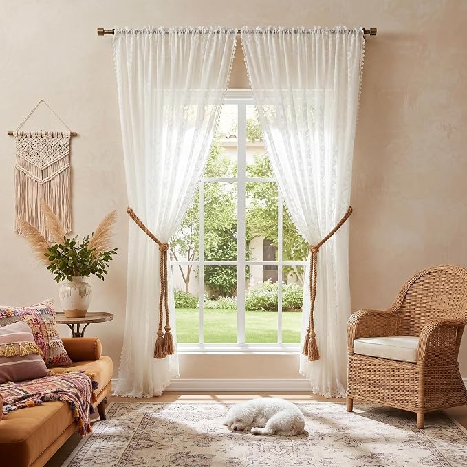 WAZZIO Boho Lace Curtains 2 Panels 72 Inches -Cute Vintage Victorian Sheer - Image 2