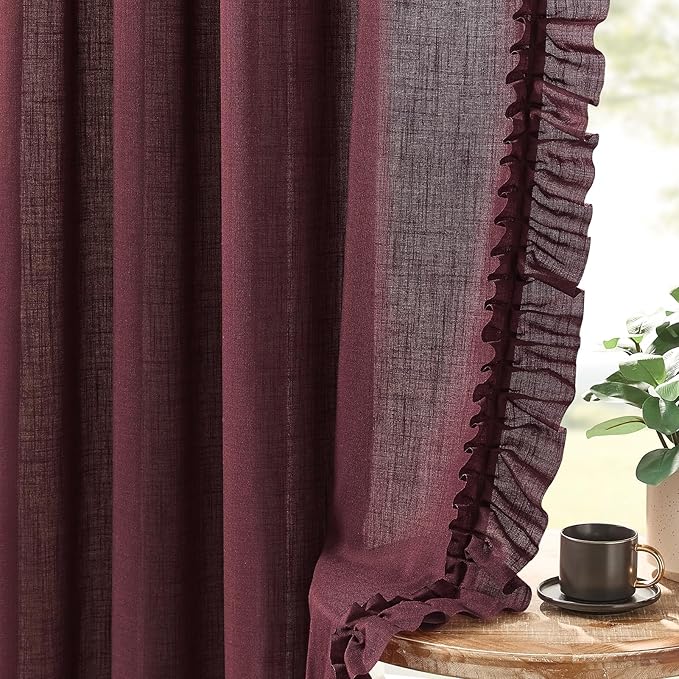Burgundy Farmhouse Curtains for Bedroom Boho Chic 58 x 84 Inch, 2 Panels | Rod by TERLYTEX