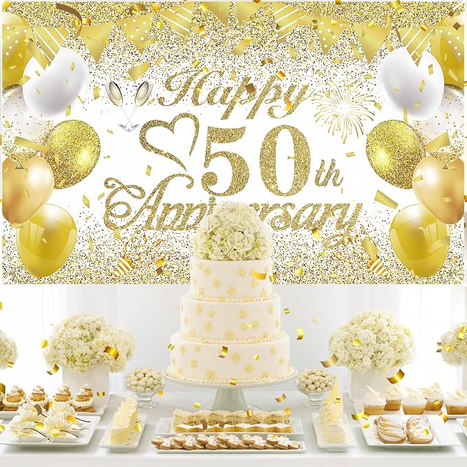 50th Wedding Anniversary Decorations Banner White Gold Happy 50th Anniversary - Image 4