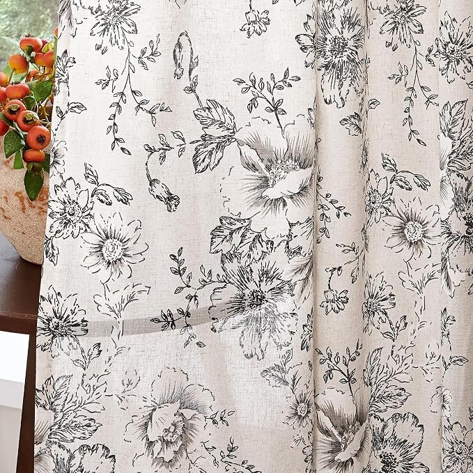 jinchan Black Floral Linen Curtains 54 Inch Vintage Back Tab 2 Panels | Light - Image 3