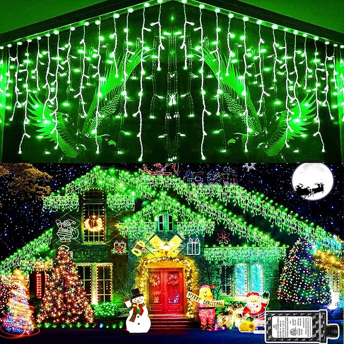 KNONEW Christmas Lights Outdoor Decorations 400 LED 33ft 8 Modes Curtain Fairy String Light with 75 Drops, Clear Wire LED String Light Indoor Decor for Wedding
