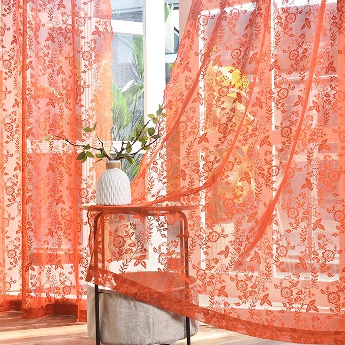 Burnt Orange Floral Lace Curtains by FINECITY