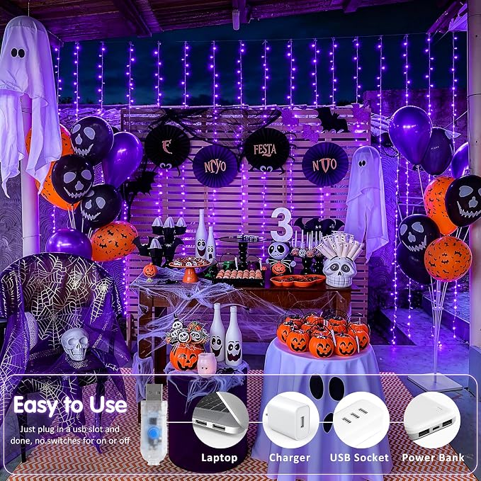 JMEXSUSS 200 LED USB Purple Halloween Lights, 6.5ft x 6.5ft | Halloween Curtain - Image 3