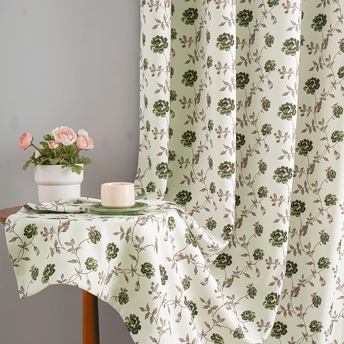 Beauoop Floral 100% Blackout Curtains Bedroom Green Brown 52x90 2 Panels | Rose - Image 5