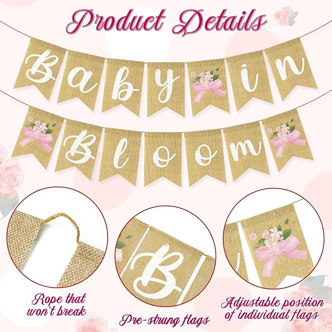 ANGOLIO 2Pcs Baby in Bloom Pink Bow Banner, Floral Baby Shower Gender Reveal - Image 3
