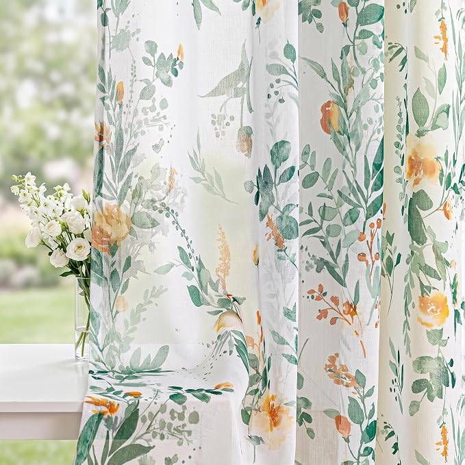 MYSKY HOME Green Sheer Floral Curtains 95 Inch Length by MYSKYHOME
