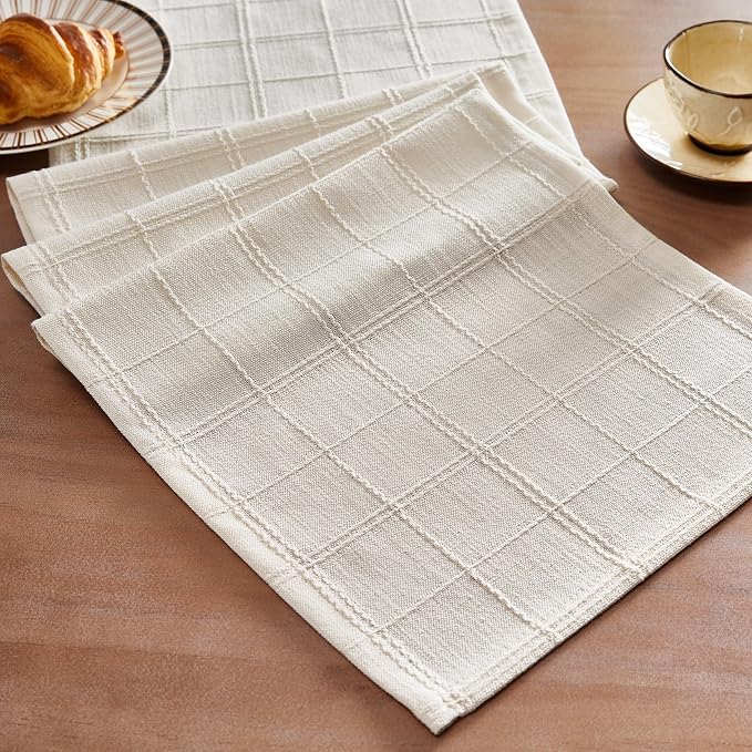Linen Checked Farmhouse Table Runner, 13x72 Inches Ivory | Raised Grid Design by ZEEMARTONLINE