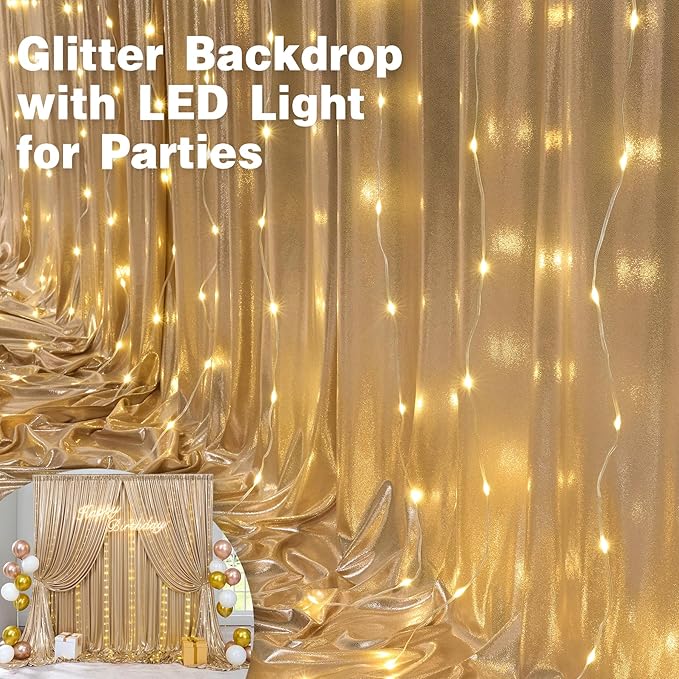 20x10 ft Champagne Sequin Backdrop Curtain with Lights for Parties, Wrinkle Free Glitter Photo Backdrop Drapes Shimmer Back Drop Cloth with Light Strings for Wedding Birthday Photography Background