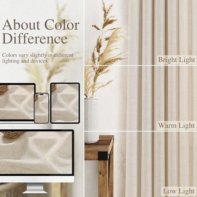 Warm Beige Linen Curtains Semi Sheer 96 Inches Long 2 Panels Set - Image 7