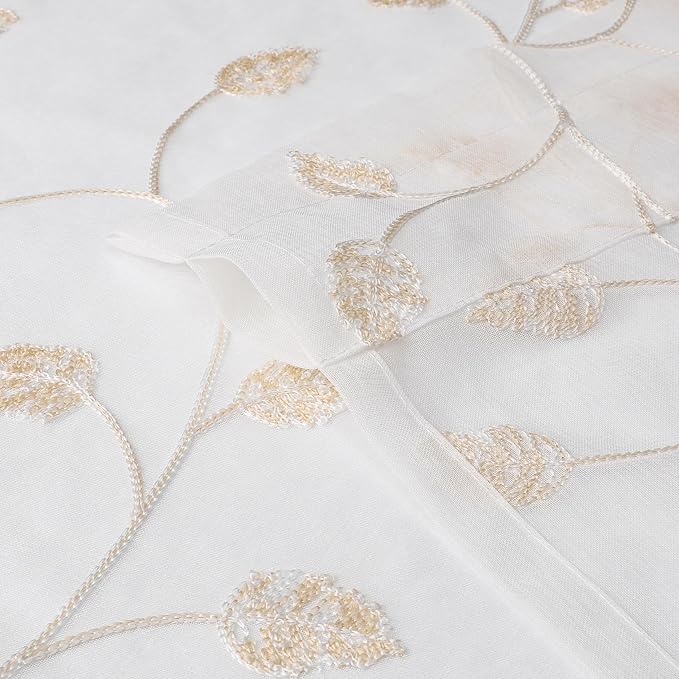 Beige Sheer Curtains Decorative Embroidered Leaf 96 Inches Long | Light - Image 2