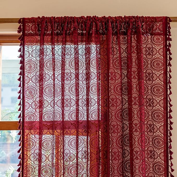 Burgundy Boho Lace Curtains, 59 X 84 inch, Wine Red Sheer Window Panels | - Image 2