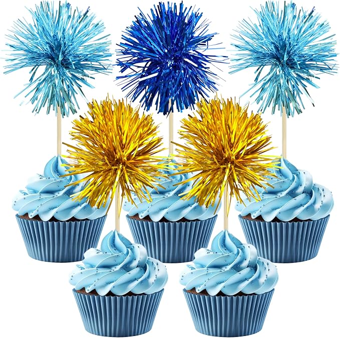 Gyufise 30Pcs Foil Firework Cupcake Toppers Sparkle Tinsel Cake Toppers Tinsel by Gyufise