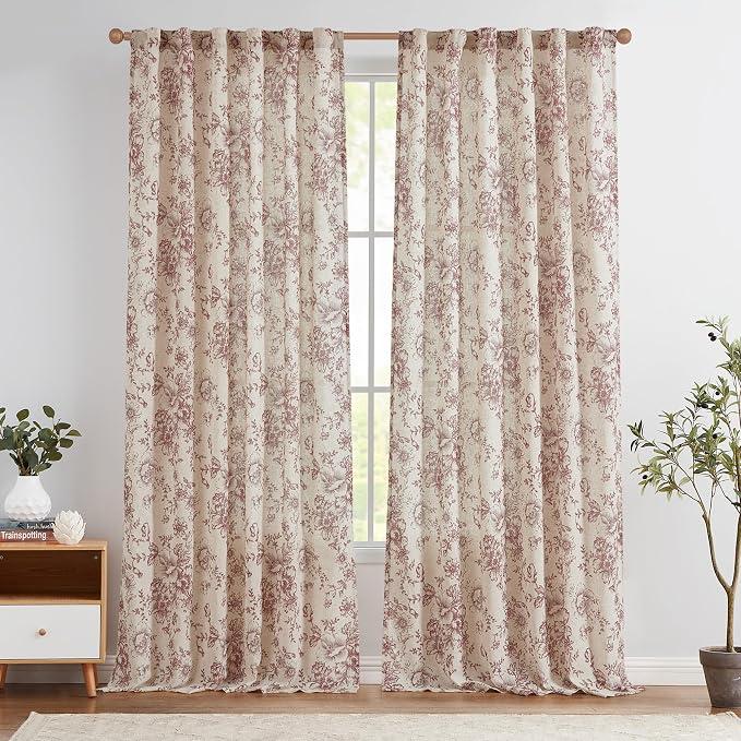 jinchan Red Floral Linen Curtains 96 Inch Farmhouse Back Tab 2 Panels | Light by JINCHAN