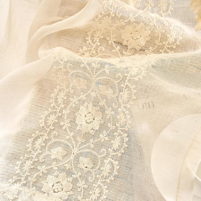 jinchan Floral Sheer Linen Curtains, Back Tab 50x84 Inch, 2 Panels Ivory | Semi - Image 5