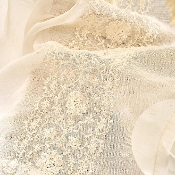 jinchan Floral Sheer Linen Curtains, Back Tab 50x96 Inch, 2 Panels Ivory | Semi - Image 5