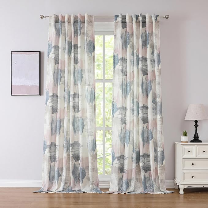 Kayne Studio Blue Pink Boho Abstract Rod Pocket Semi Sheer Curtains 95 Inch | by KayneStudio