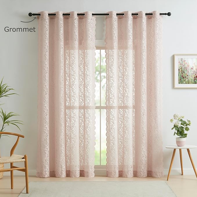 Bujasso Pink Lace Sheer Curtains 108 inch Vintage Floral Sheer Window Curtain - Image 5