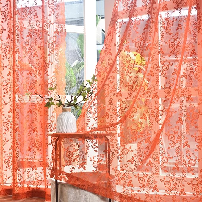 FINECITY Burnt Orange Floral Sheer Curtains - Image 5