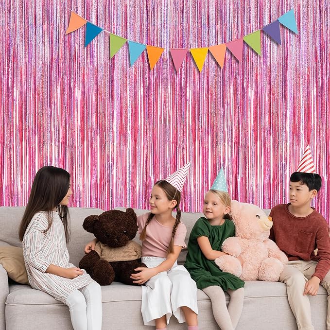 4 Pack Pink Backdrop, 3.28 FT x7.05 FT Foil Fringe Curtains, Metallic Glitter Pink Streamer Fringe Backdrop Foil Curtains, Laser Pink Birthday Party Decorations Bachelorette Decor