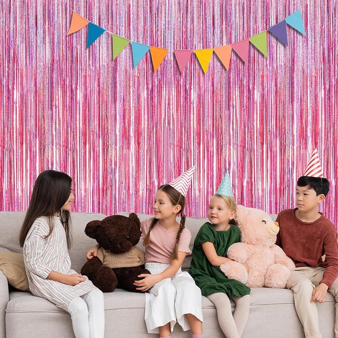 4 Pack Pink Backdrop, 3.28 FT x7.05 FT Foil Fringe Curtains, Metallic Glitter - Image 6