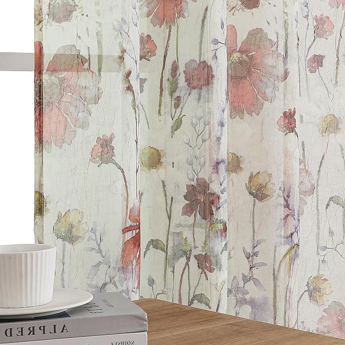 Crushed Sheer Cafe Curtains Kitchen Tiers 30 Inch Length 2 Panels, Printed - Image 3