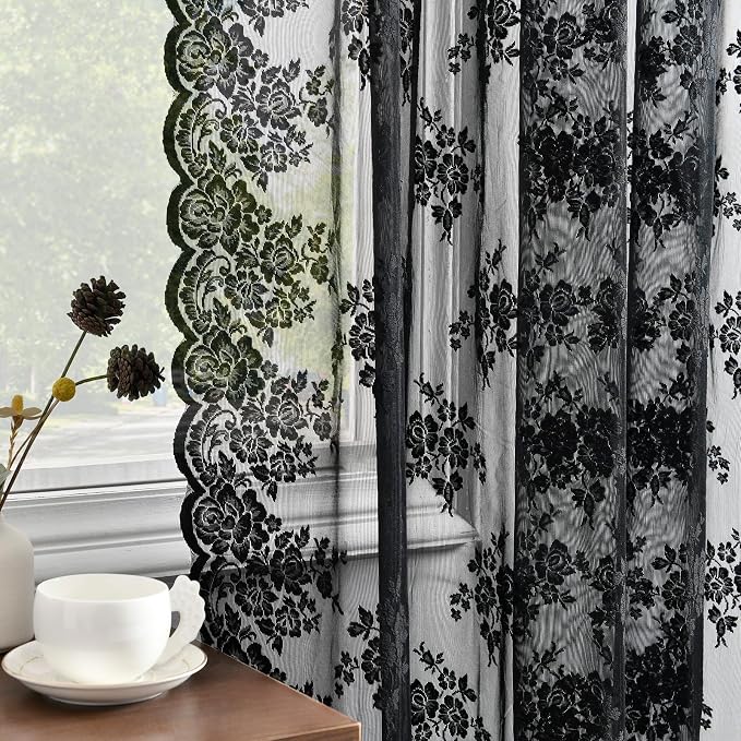Kotile Black Lace Curtains for Kitchen Windows, W42 x L45 Inch, 2 Panels | Rod - Image 6