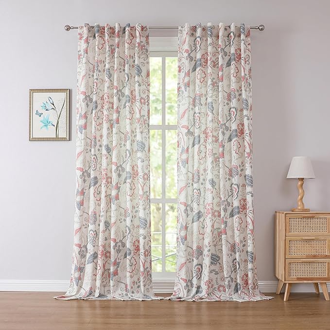 Kayne Studio Navy Red Jacobean Floral Rod Pocket Semi Sheer Curtains 95Inch | by KayneStudio
