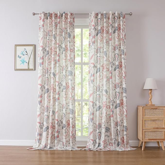 Kayne Studio Navy Red Jacobean Floral Rod Pocket Semi Sheer Curtains 90Inch | by KayneStudio