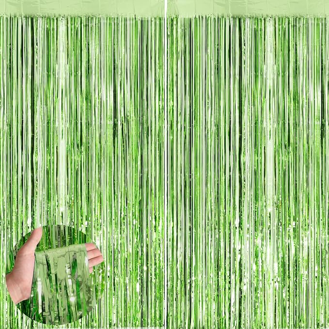 Light Green Metallic Tinsel Foil Fringe Curtains, 2 Pack 3.3x8.3 Feet Party by NUWDHP